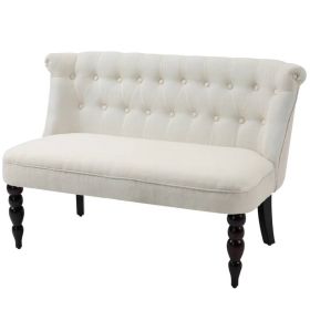 Scandinavian 2 Seater Button Tufted Loveseat Wooden Legs Cream White Linen