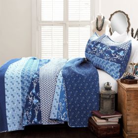 Full/Queen Navy White Light Blue Boho Floral Birds Reversible Quilt Set