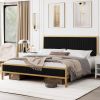 King size Gold Metal Platform Bed Frame with Black Velvet Upholstered Headboard