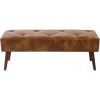 Mid-Century End of Bed Bench with Brown Leather Upholstered Seat Solid Wood Legs