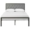 Full Metal Platform Bed with Grey Upholstered Button Tufted Fabric Headboard