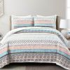 King Scandinavian Chevron Teal White Orange Brown Reversible Cotton Quilt Set