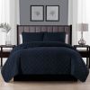 Full Queen 3-Piece Navy Blue Polyester Microfiber Reversible Diamond Quilt Set