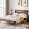 Full Industrial Platform Bed Frame with Brown Wood Slatted Headboard Footboard