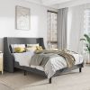 Full Size Grey Linen Blend Upholstered Platform Bed with Wingback Headboard