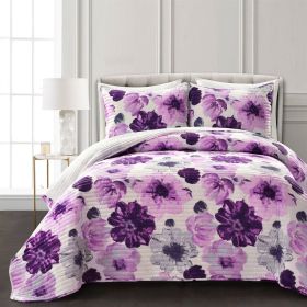 King size Purple Grey Flowers Lightweight Polyester Microfiber Quilt Set