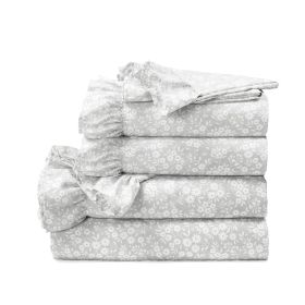 Full size Grey Ruffle Floral Polyester 6 Piece Sheet Set