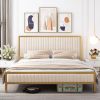 Queen size Gold Metal Platform Bed Frame with Beige White Upholstered Headboard