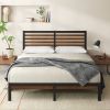 Full Metal Platform Bed Frame with Bamboo Wood Slat Headboard and Footboard