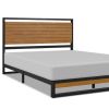 Full size Modern Metal Platform Bed Frame with Solid Brown Wood Slatted Headboard