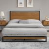 Full size Modern Metal Platform Bed Frame with Solid Brown Wood Slatted Headboard