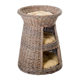 Eco Friendly 3 Tier Round Rattan Wicker Elevated Cat Condo Bed Beige