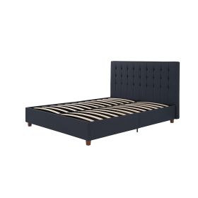 Queen Blue Linen Upholstered Platform Bed with Headboard