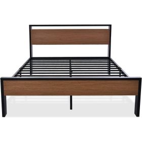 Queen Metal Platform Bed with Walnut Finish Wood Panel Headboard Footboard