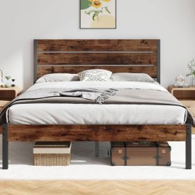 Queen size Modern Farmhouse Metal Platform Bed Frame with Brown Wood Headboard