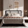 Queen Black Metal Platform Bed Frame with Tall Grey Linen Upholstered Headboard