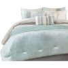 Queen Size 7 Piece Bed In A Bag Comforter Set Faux Silk Blue Stripes