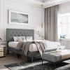 Queen Dark Grey Linen Upholstered Platform Bed with Button-Tufted Headboard