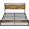 Queen size Metal Wood Platform Bed Frame with Industrial Headboard