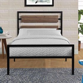 Twin Size Industrial Metal Platform Bed Frame with Wood Panel Headboard