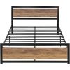 Full Metal Platform Bed Frame with Brown Wood Panel Headboard and Footboard