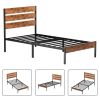 Twin Industrial Platform Bed Frame with Brown Wood Slatted Headboard Footboard