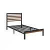 Twin Student Dorm Black Metal Platform Bed Frame with Brown Wood Slat Headboard