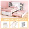 Twin/Full Wood Platform Bed w/ Trundle and Storage Bookcase Headboard in White