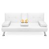 White Faux Leather Convertible Sofa Futon with 2 Cup Holders