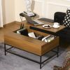 Traditional Farmhouse Brown Lift Top Coffee Table w/ Hidden Storage Black Metal Legs