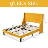 Queen Size Yellow Linen Blend Upholstered Platform Bed with Wingback Headboard